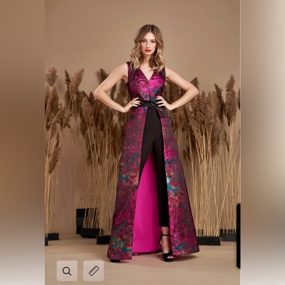 Kay Unger Vibrant Pink and Black Walk Thru Jumpsuit - Picture 2 of 8